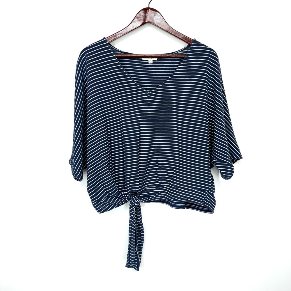 Umgee Navy Blue & White Striped Half Sleeve Batwing Blouse W/ Tied Front Detail